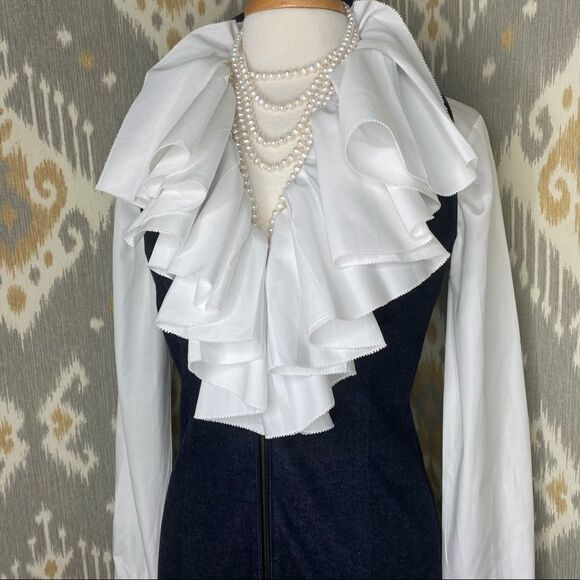 Ralph Lauren Midnight Indigo Wash Cotton Stretch Denim Lamb Leather Sheath Dress - Picture 5 of 15